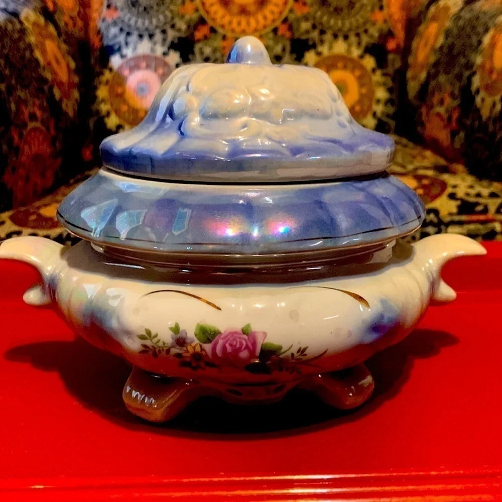 Vintage Blue & White Floral Iridescent Carnival Glass Footed Candy Dish With Lid
